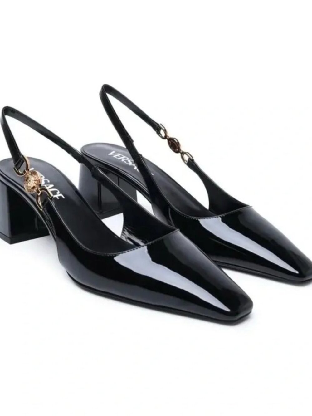 NEW Versace Black Patent Leather Medusa Slingback Pumps Block Heel 38